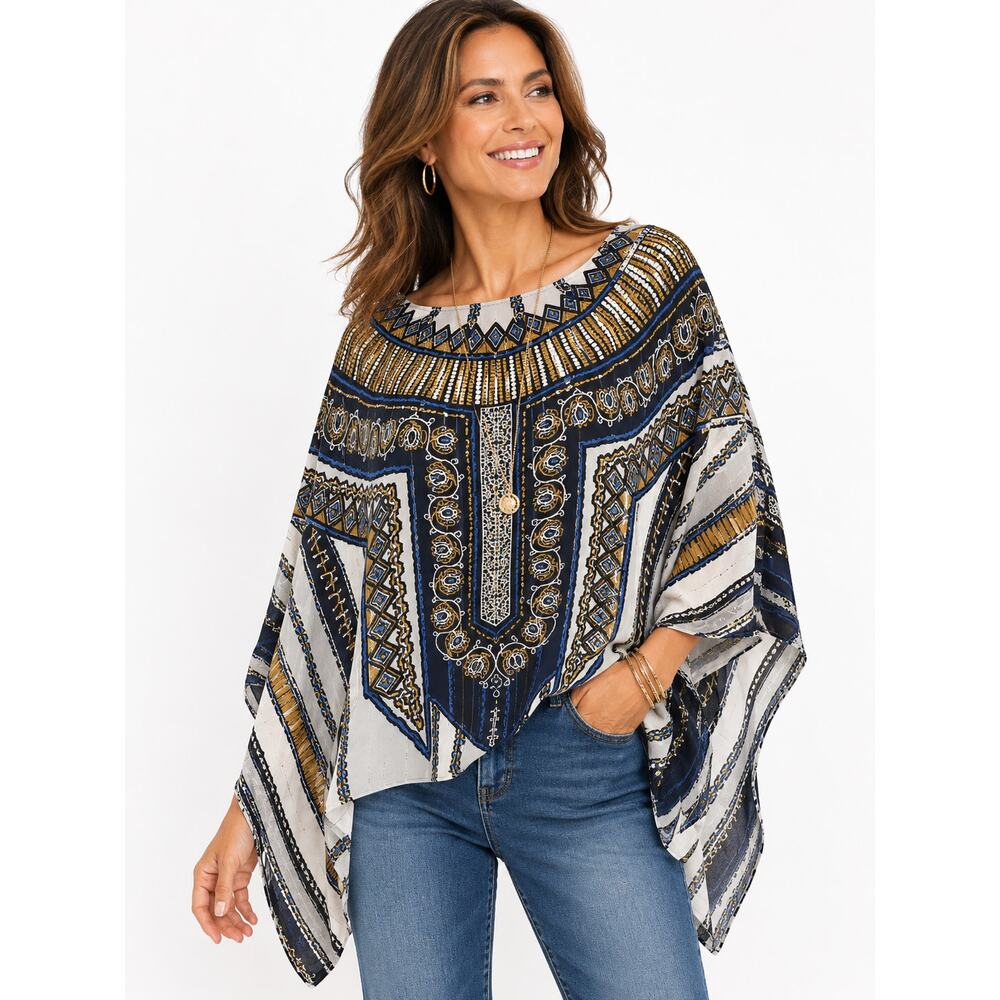 Bob Mackie Wearable Art Egyptian Print Poncho Top Boho Caftan Blouse
8